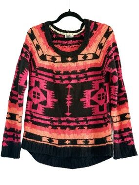 Roxy Women's Black & Bright Pink Aztec Crewneck Sweater Medium